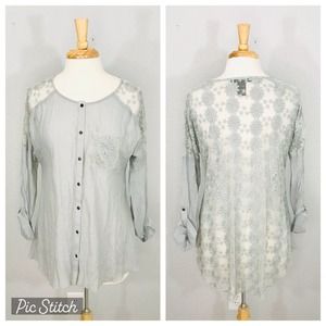 Ali Miles Button-down Lace Embroidered Blouse in Sea Foam, S